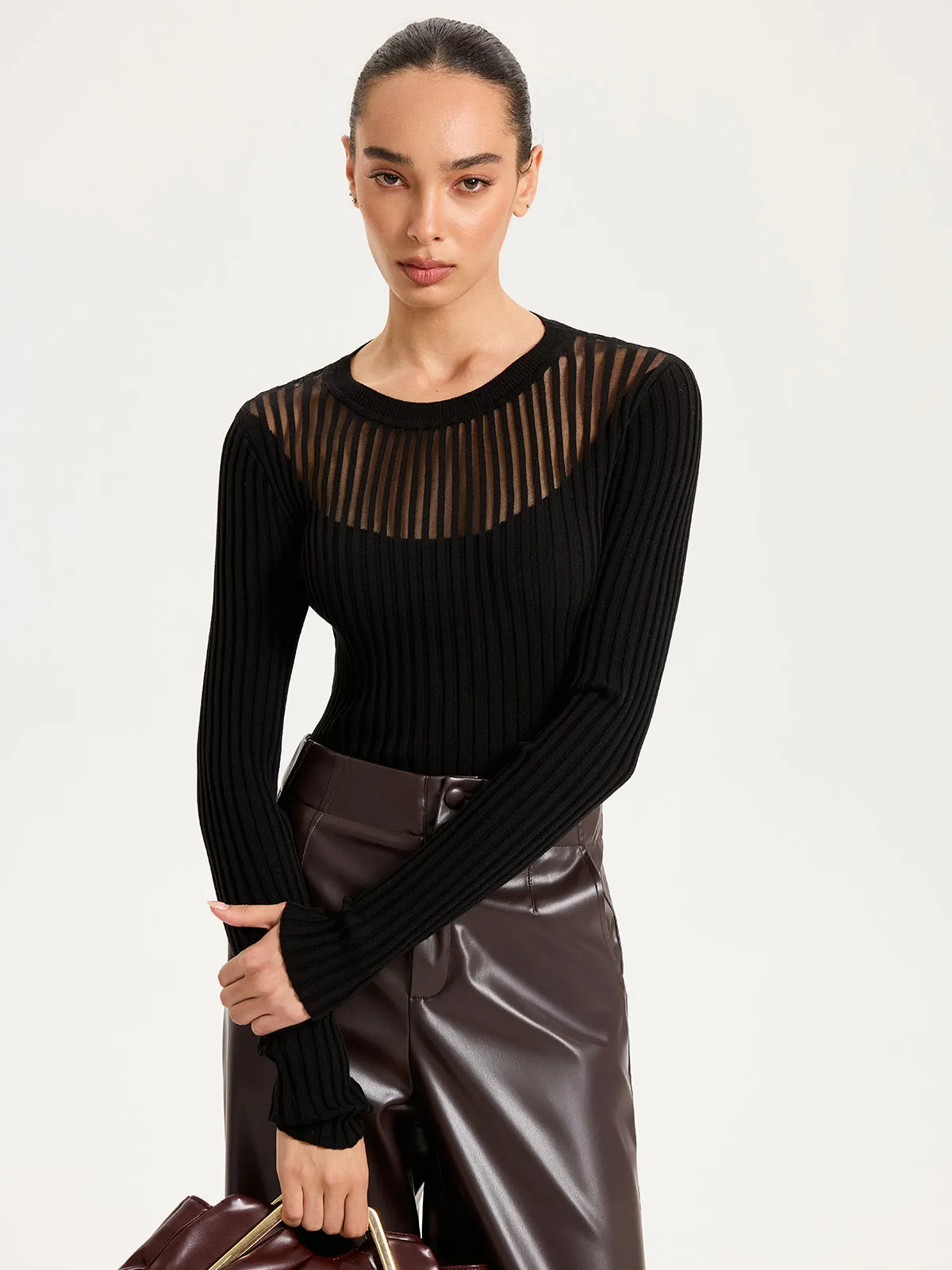 Sheer Panel Ribbed Knit Top sold by COMMENSE product image thumbnail 5