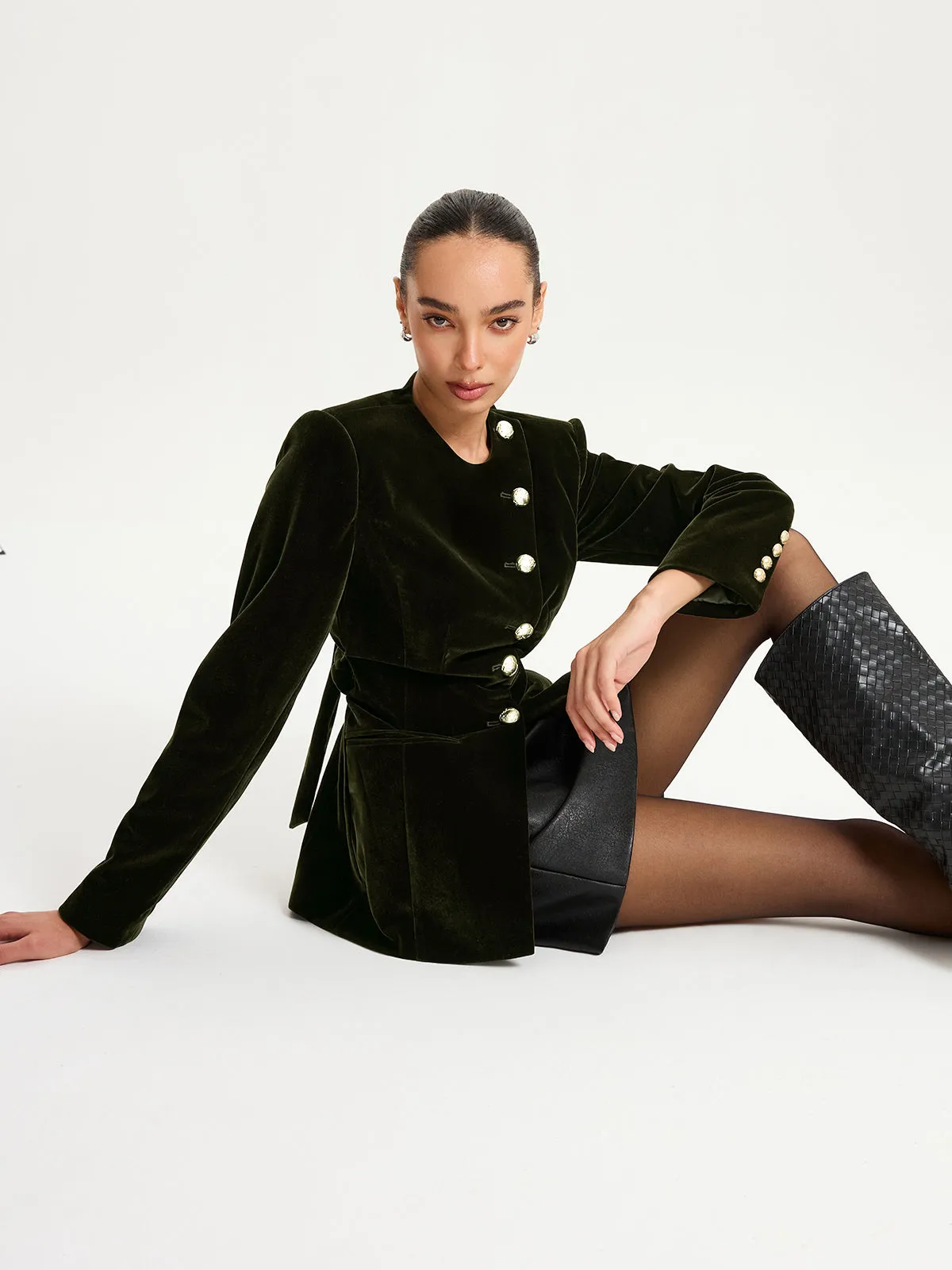 Velvet Button-Front Asymmetric Blazer sold by COMMENSE product image thumbnail 3