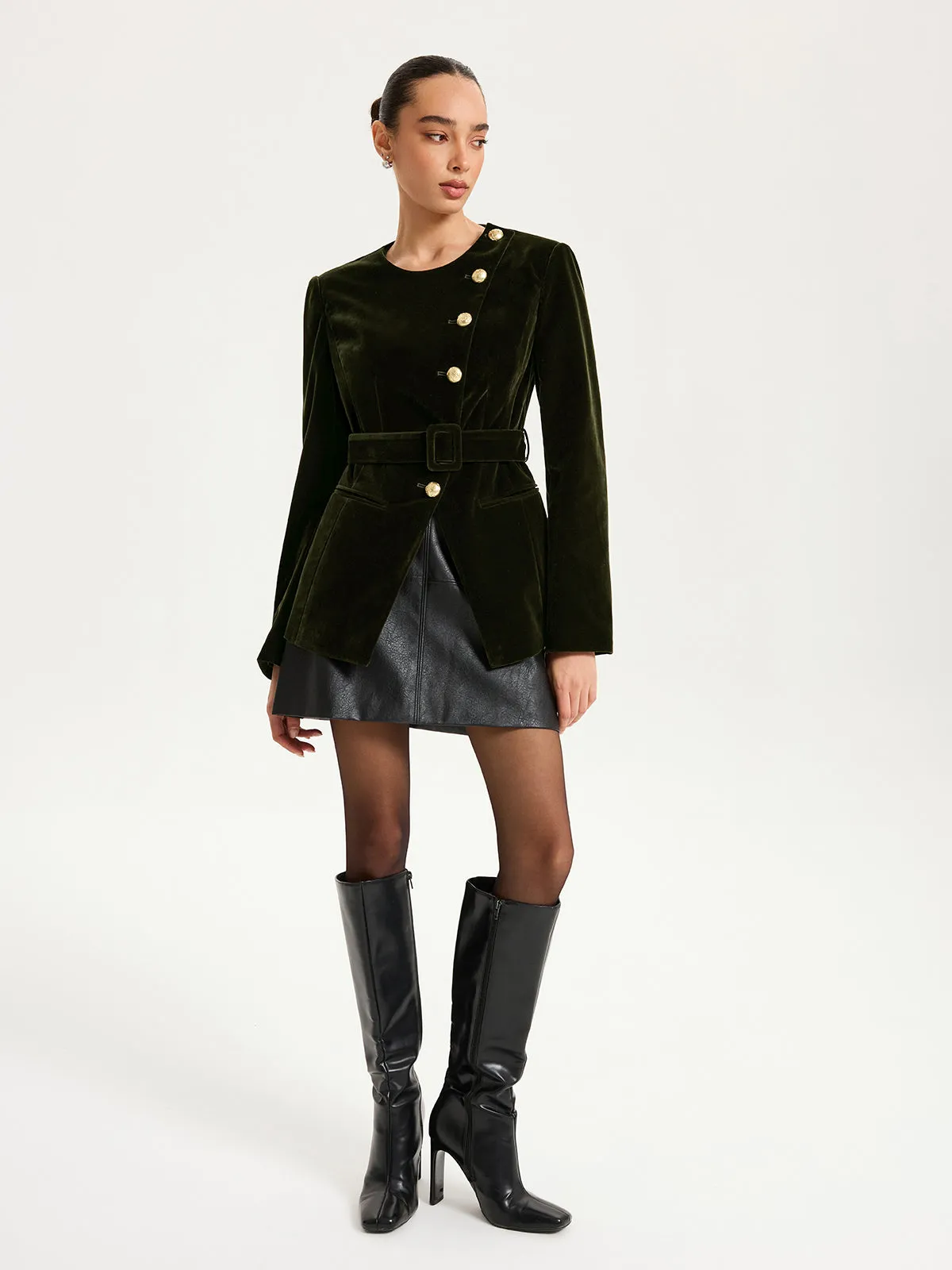 Velvet Button-Front Asymmetric Blazer sold by COMMENSE product image thumbnail 4