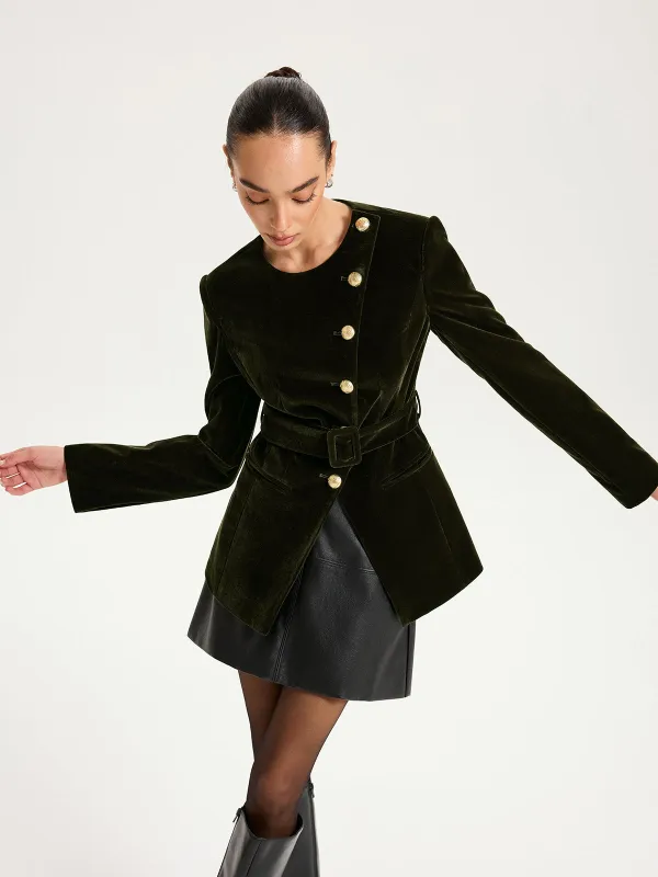 Velvet Button-Front Asymmetric Blazer sold by COMMENSE