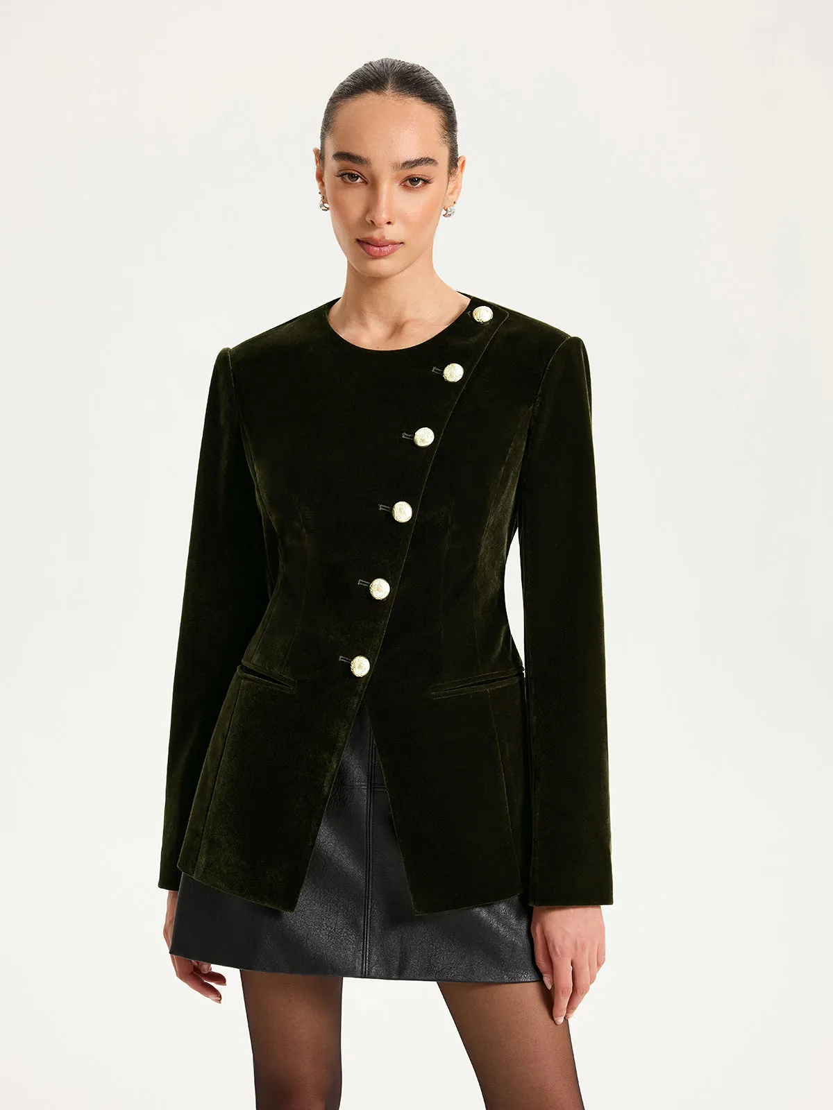 Velvet Button-Front Asymmetric Blazer sold by COMMENSE product image thumbnail 2