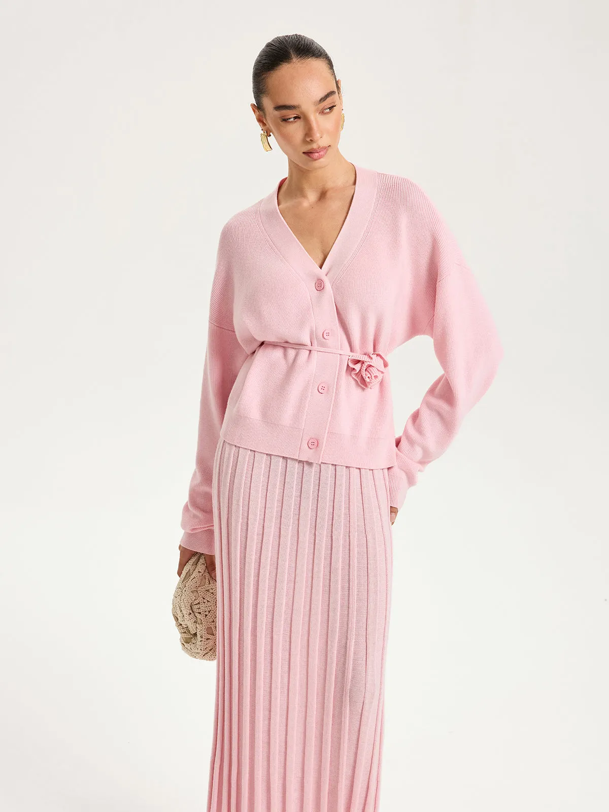 Knitted Belted Cardigan and Textured Maxi Skirt Set sold by COMMENSE product image thumbnail 3