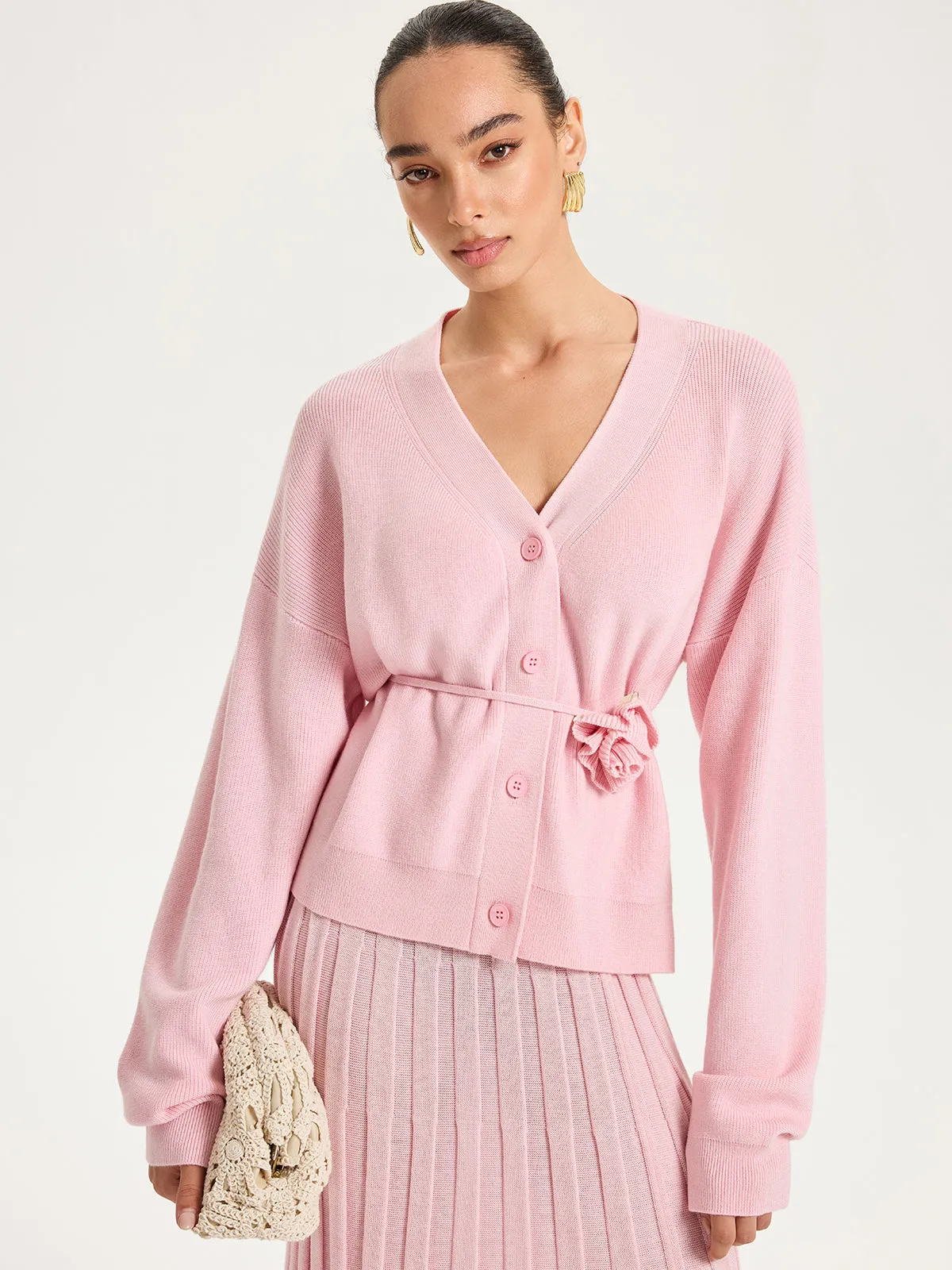 Knitted Belted Cardigan and Textured Maxi Skirt Set sold by COMMENSE