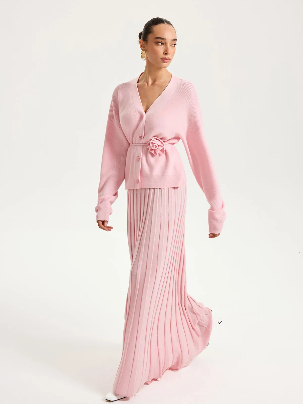 Knitted Belted Cardigan and Textured Maxi Skirt Set sold by COMMENSE product image thumbnail 5