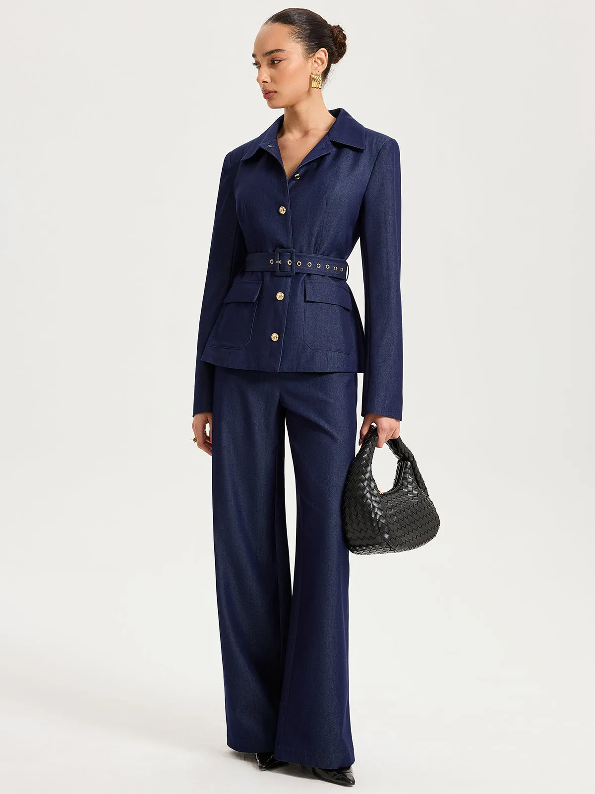 Belted Metal Button Faux Denim Blazer sold by COMMENSE product image thumbnail 2