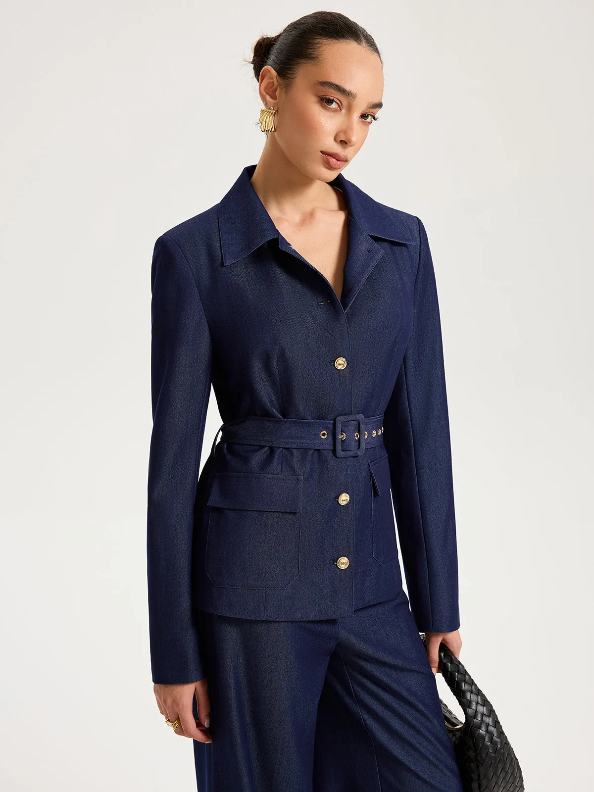 Belted Metal Button Faux Denim Blazer sold by COMMENSE product image thumbnail 3