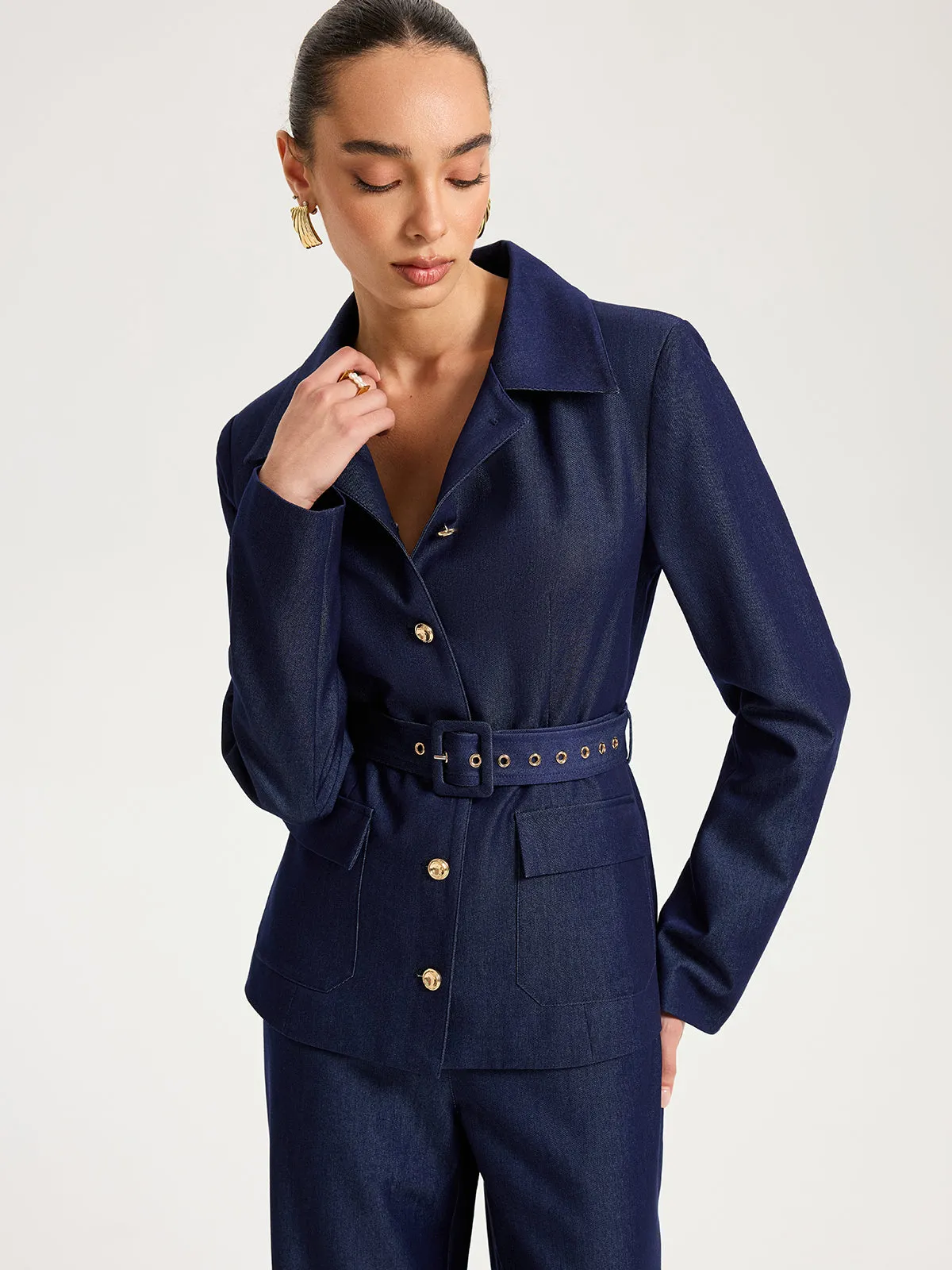 Belted Metal Button Faux Denim Blazer sold by COMMENSE product image thumbnail 4