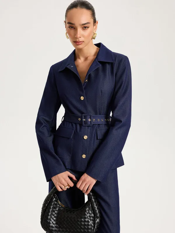 Belted Metal Button Faux Denim Blazer sold by COMMENSE