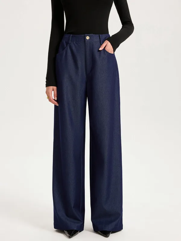 High-Waisted Wide-Leg Faux Denim Pants sold by COMMENSE