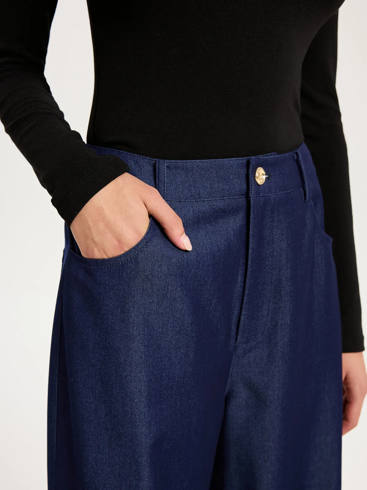 High-Waisted Wide-Leg Faux Denim Pants sold by COMMENSE product image thumbnail 5