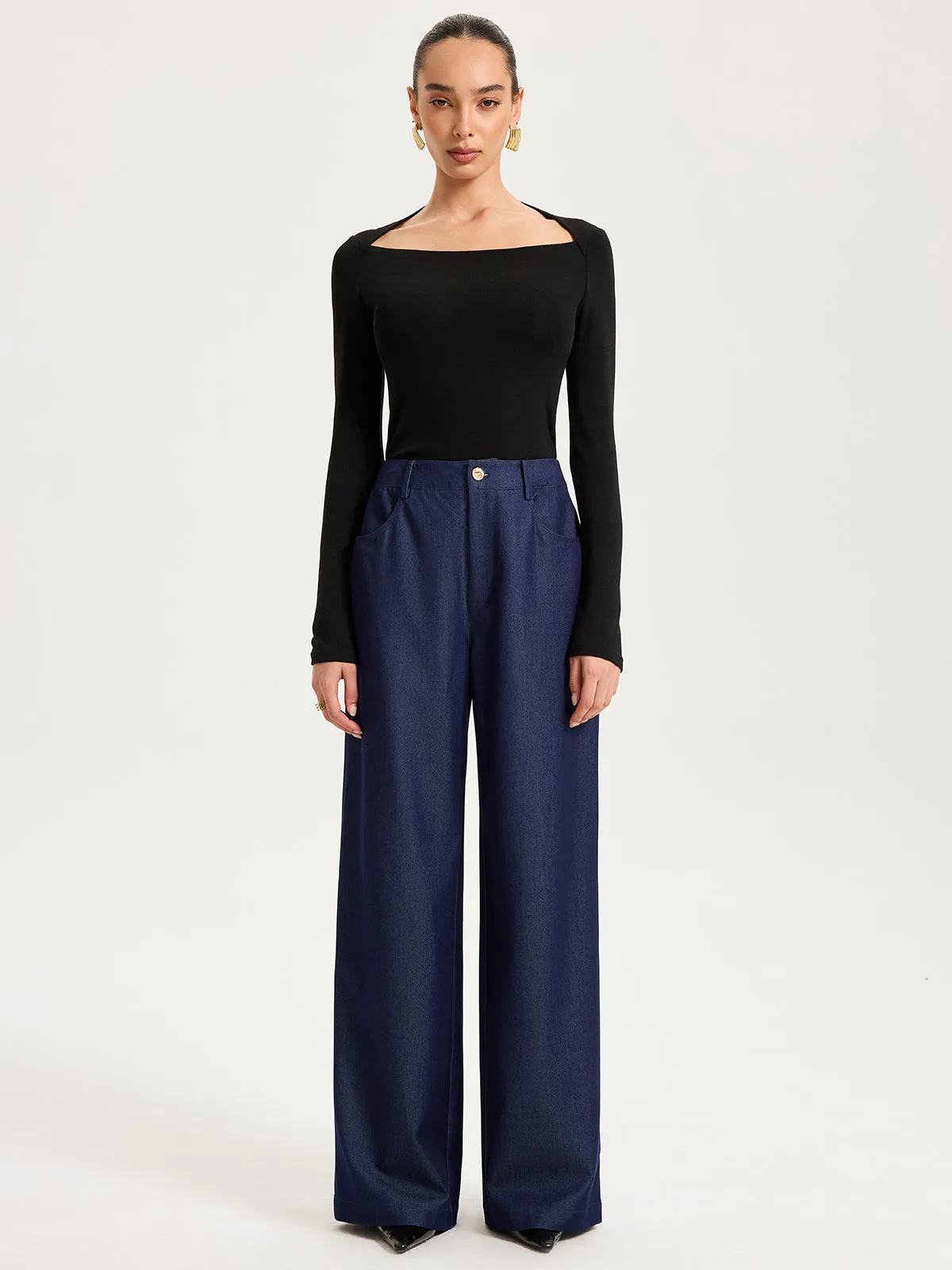 High-Waisted Wide-Leg Faux Denim Pants sold by COMMENSE product image thumbnail 2