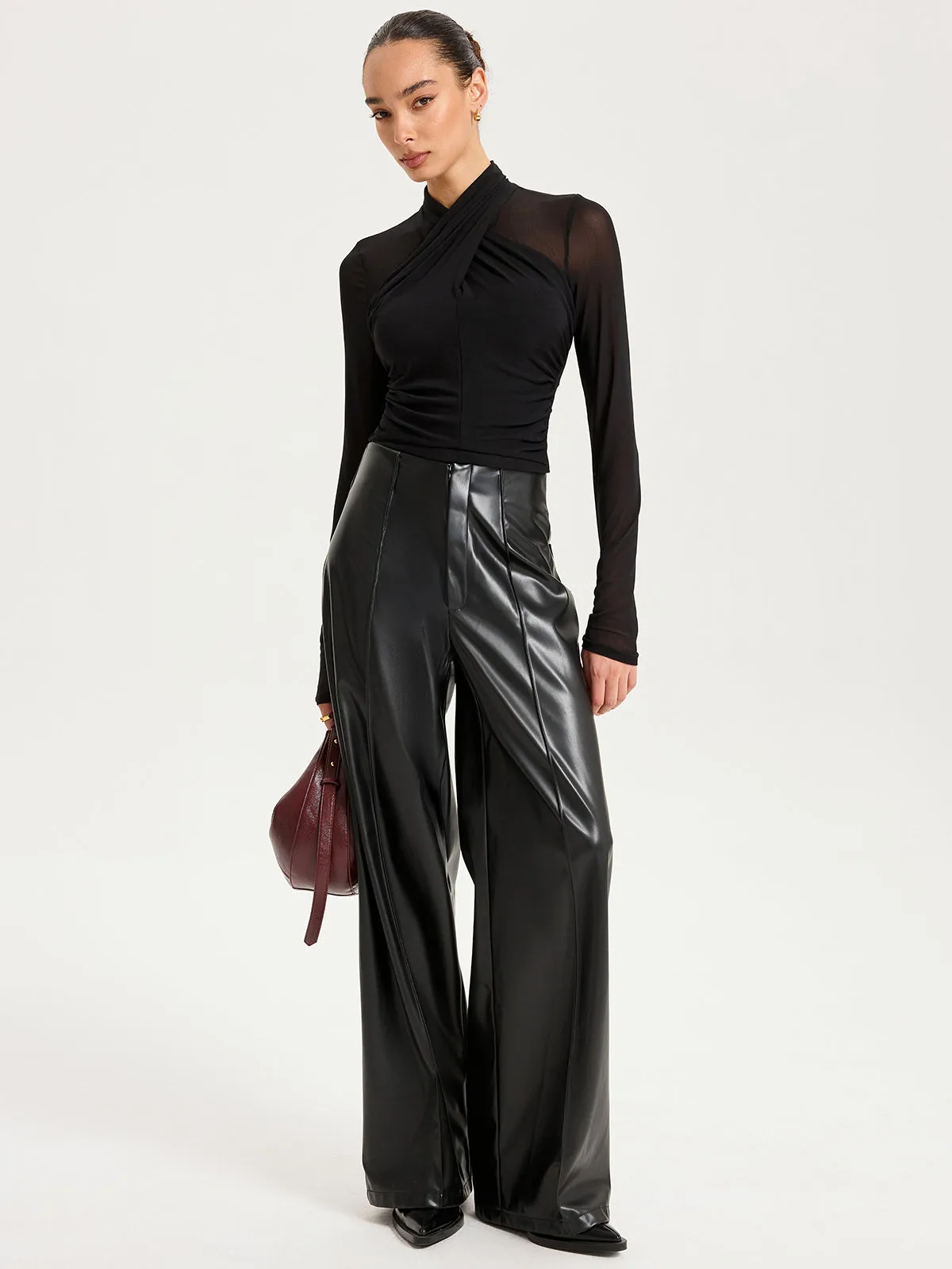 Cross-Front Sheer Mesh Long-Sleeve Top sold by COMMENSE product image thumbnail 4