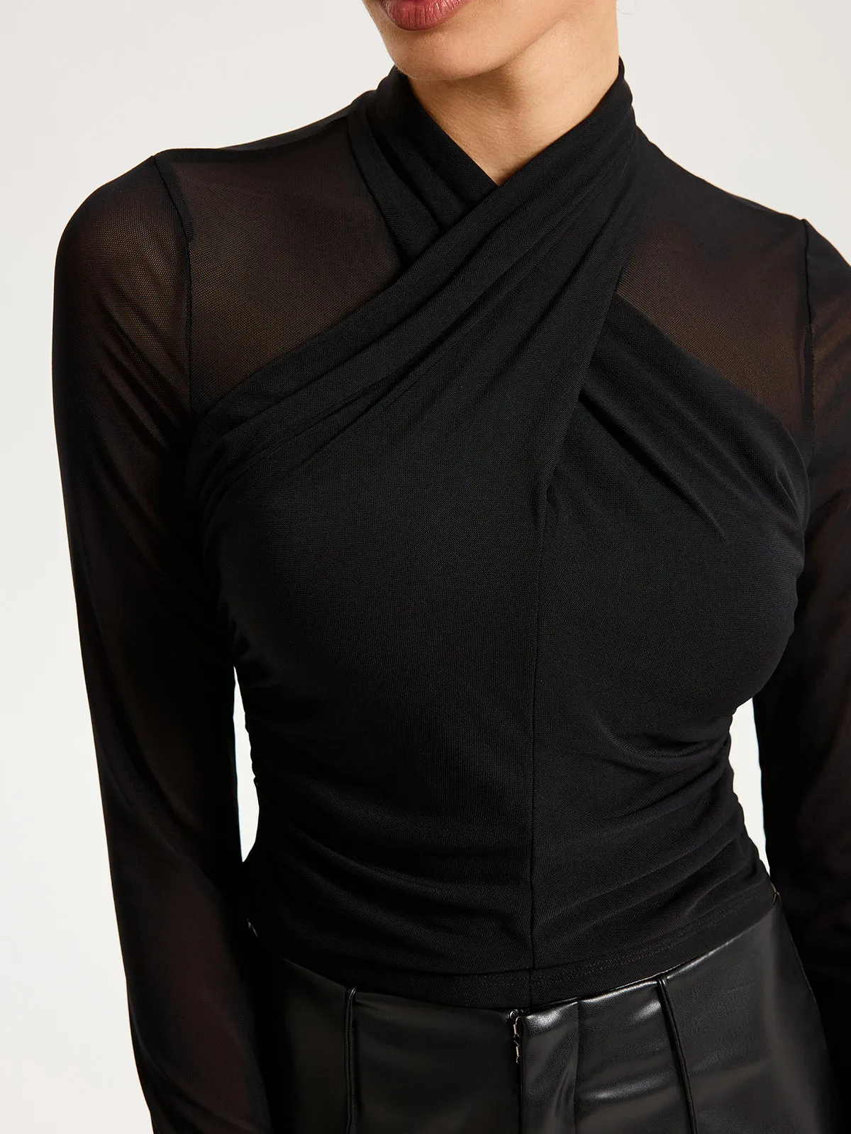 Cross-Front Sheer Mesh Long-Sleeve Top sold by COMMENSE