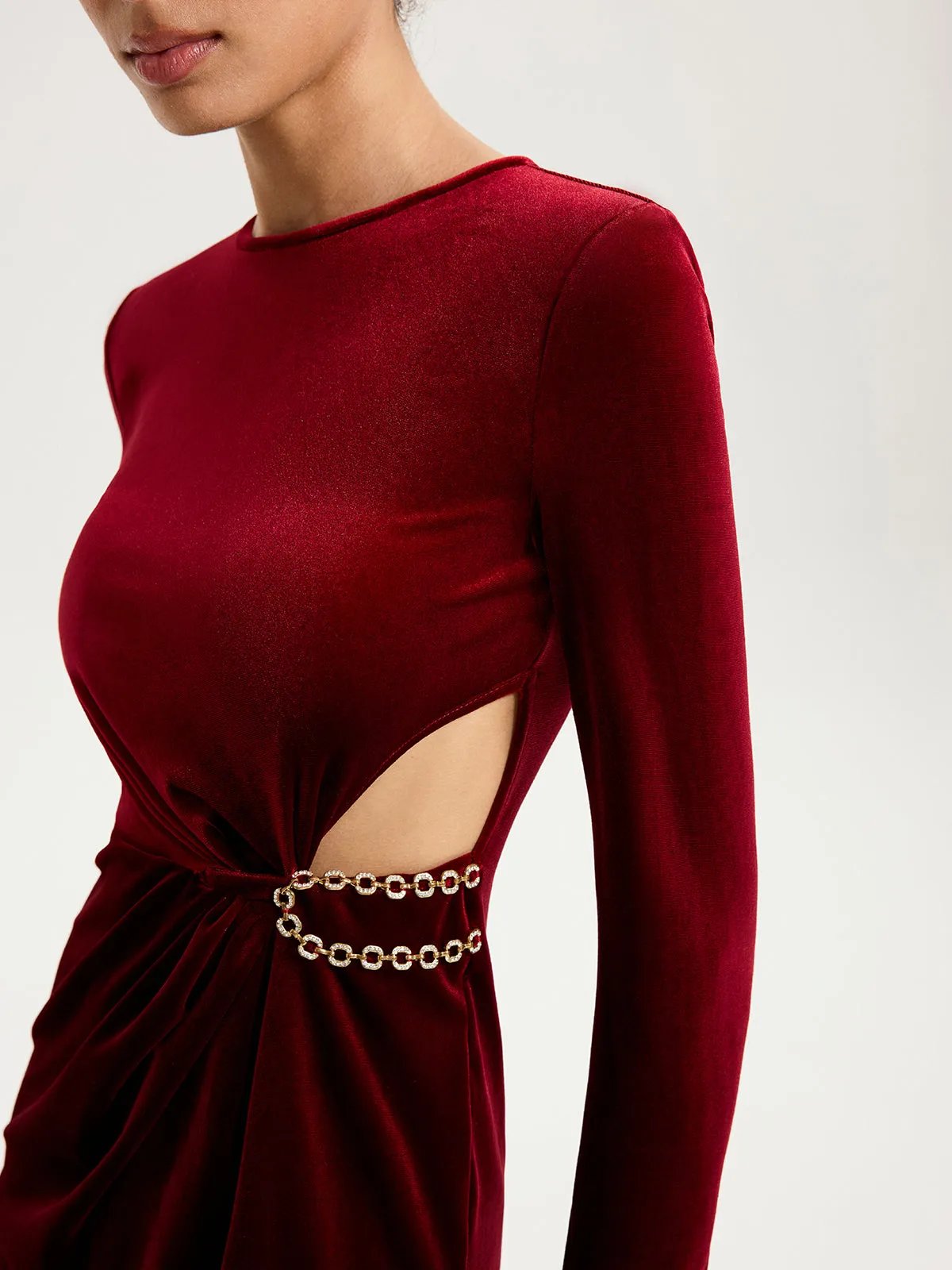 Chain Detail Cut-Out Velvet Mini Dress sold by COMMENSE product image thumbnail 3
