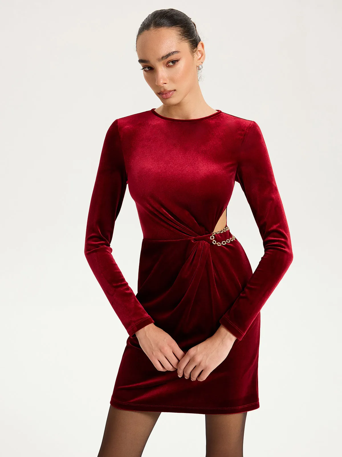 Chain Detail Cut-Out Velvet Mini Dress sold by COMMENSE product image thumbnail 4