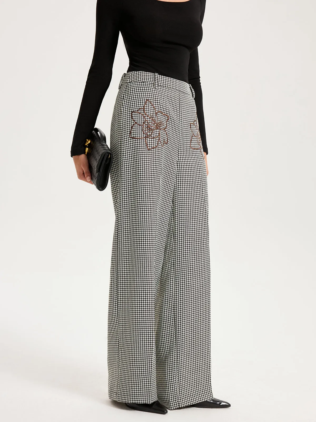 Houndstooth Embroidered Straight-Leg Pants sold by COMMENSE product image thumbnail 4