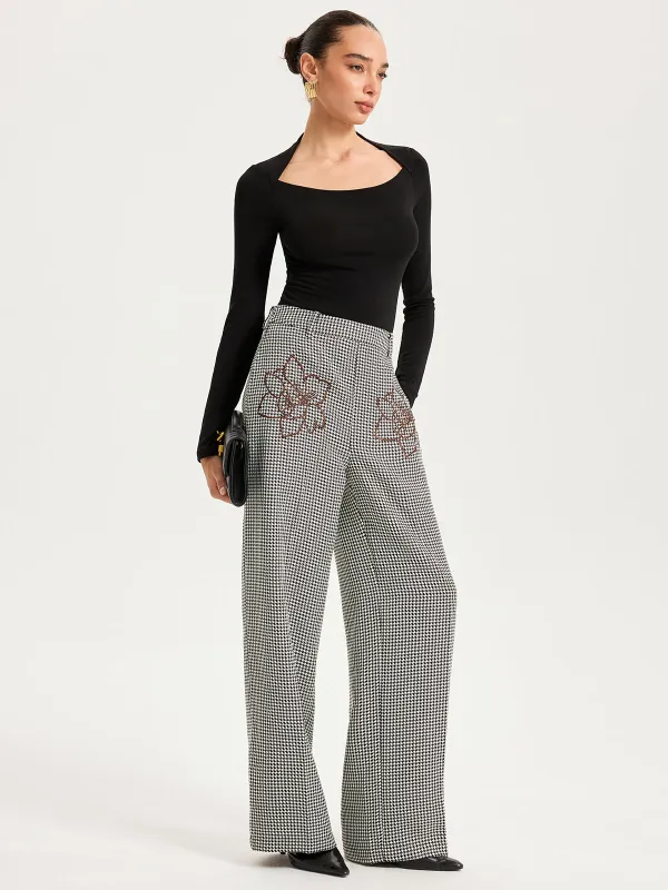 Houndstooth Embroidered Straight-Leg Pants sold by COMMENSE