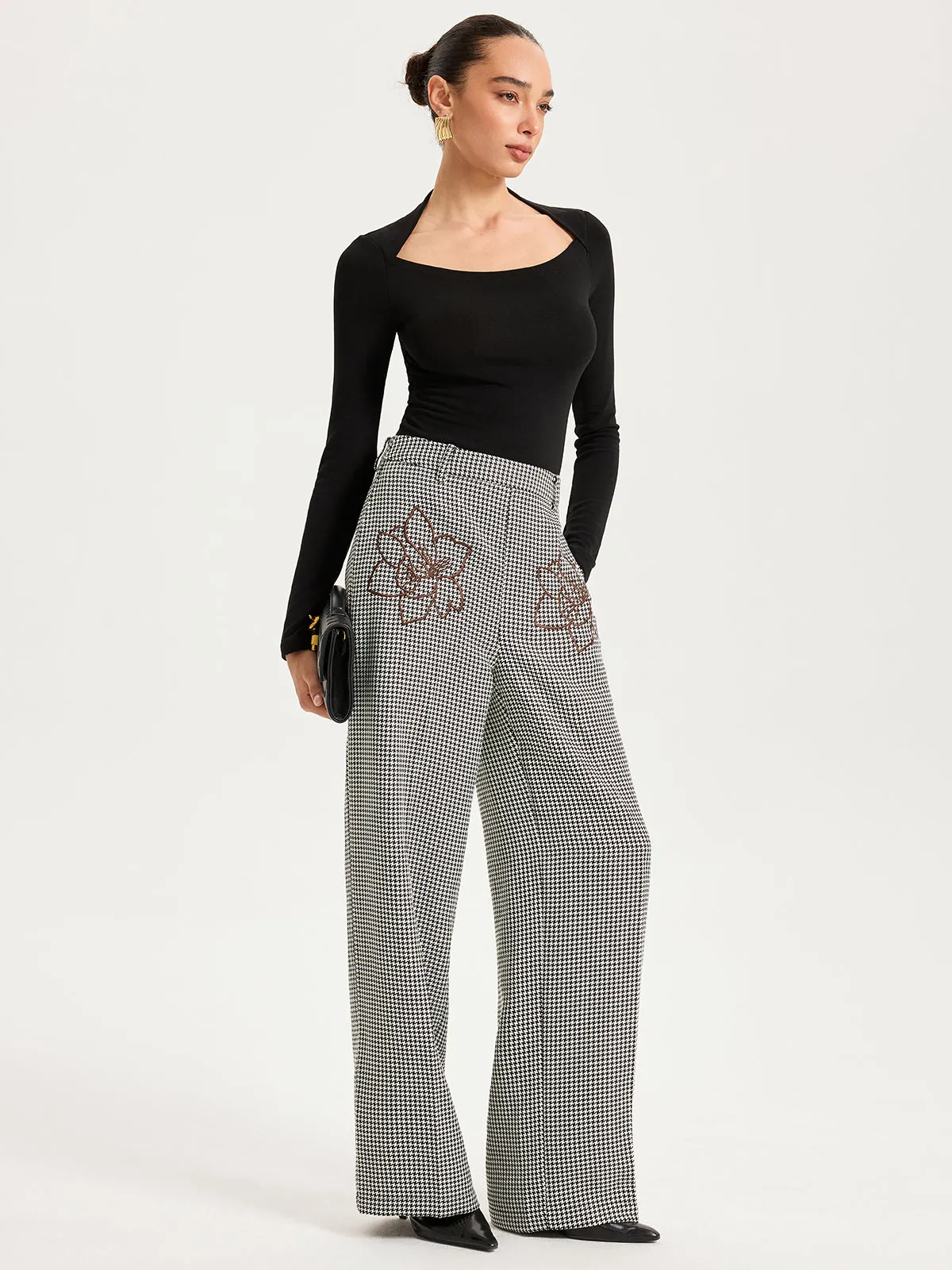 Houndstooth Embroidered Straight-Leg Pants sold by COMMENSE