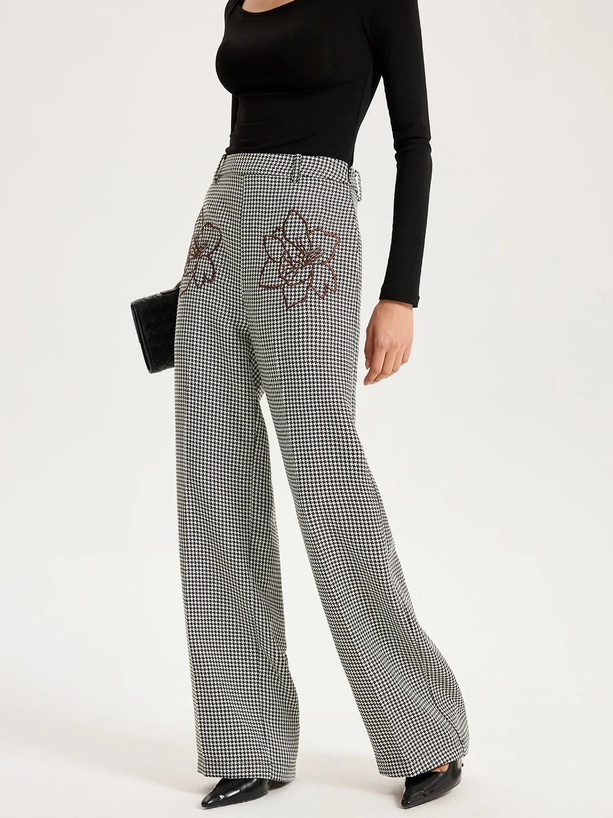 Houndstooth Embroidered Straight-Leg Pants sold by COMMENSE product image thumbnail 3
