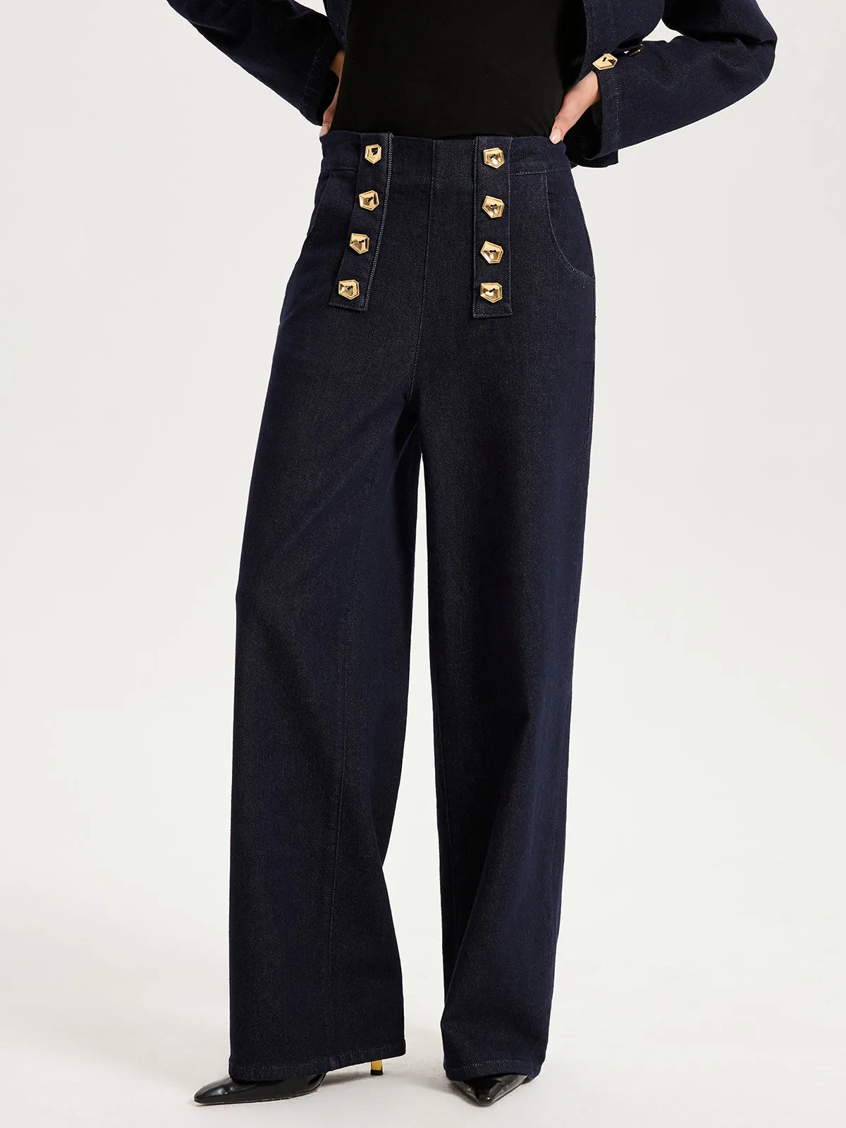 Metal Detail Denim Wide-Leg Jeans sold by COMMENSE product image thumbnail 4