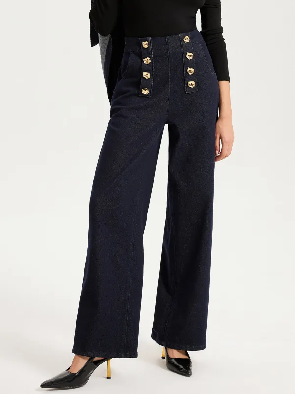 Metal Detail Denim Wide-Leg Jeans sold by COMMENSE