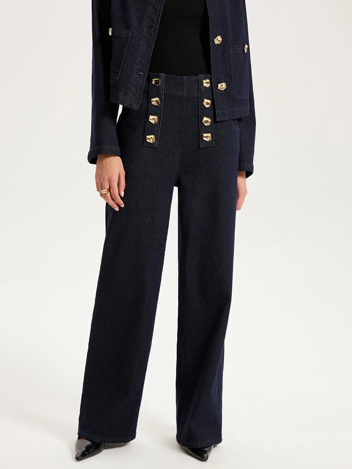 Metal Detail Denim Wide-Leg Jeans sold by COMMENSE product image thumbnail 3