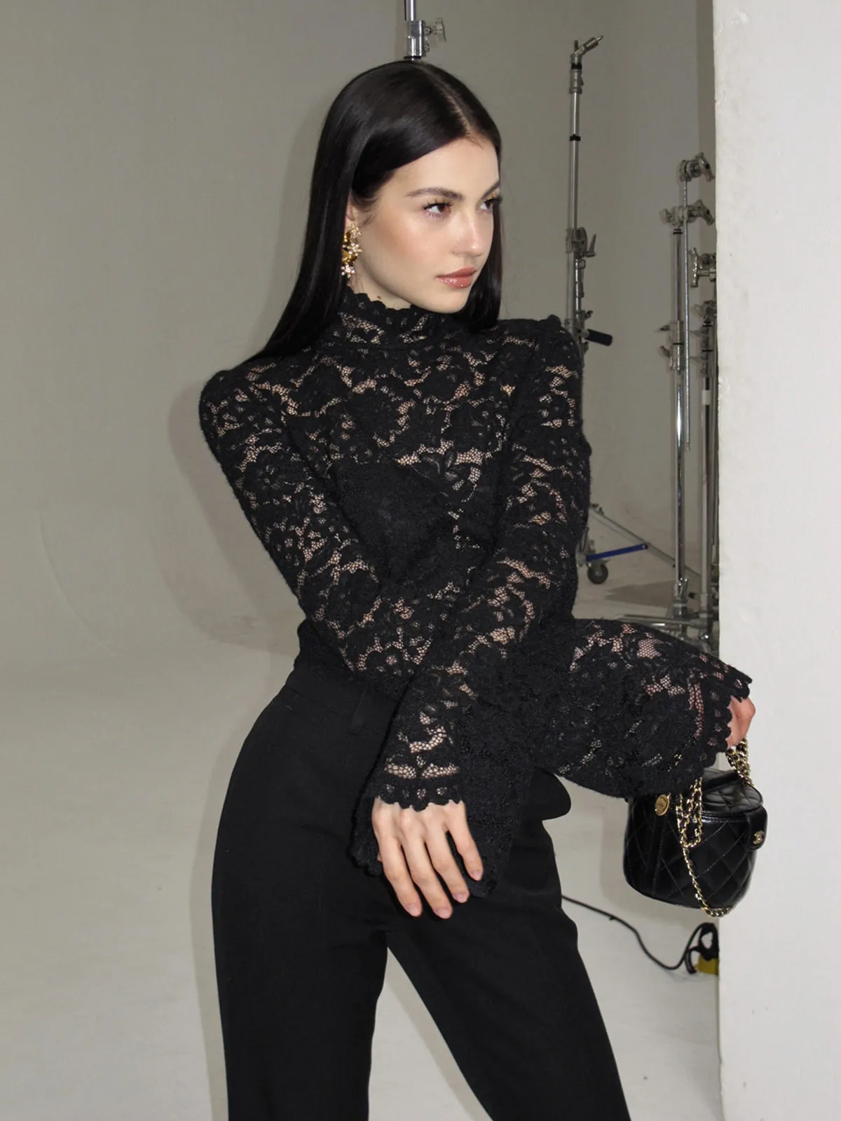 Lace High Neck Bell Sleeve Blouse sold by COMMENSE product image thumbnail 5