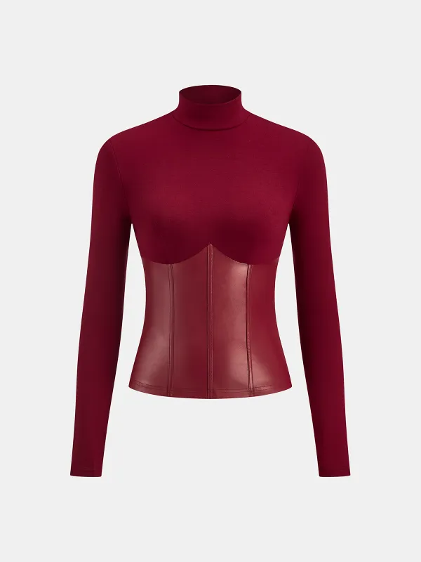 Faux Leather Corset Paneled Mock Neck Top sold by COMMENSE