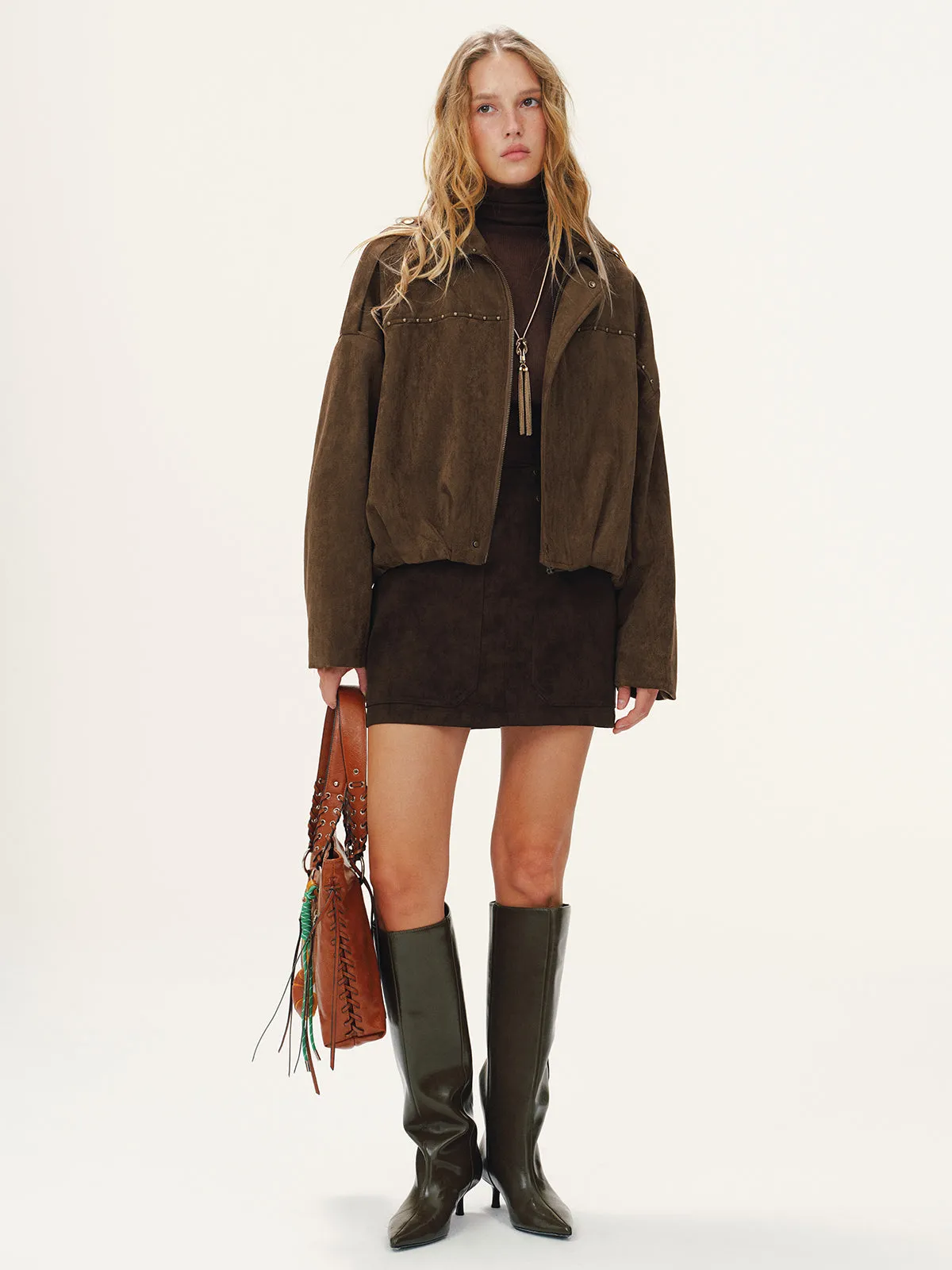 Vintage Suede Effect Studded Bomber Jacket sold by COMMENSE product image thumbnail 4