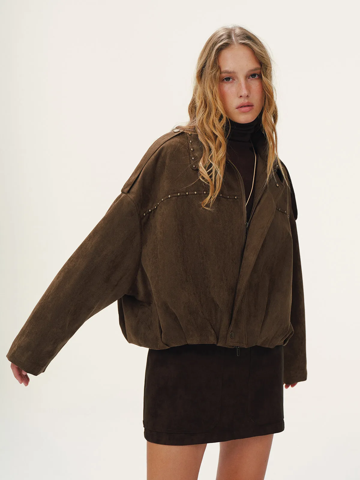 Vintage Suede Effect Studded Bomber Jacket sold by COMMENSE product image thumbnail 2