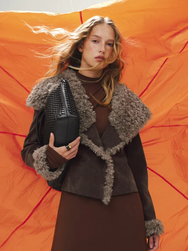 Shearling Collar Suede Effect Short Jacket sold by COMMENSE