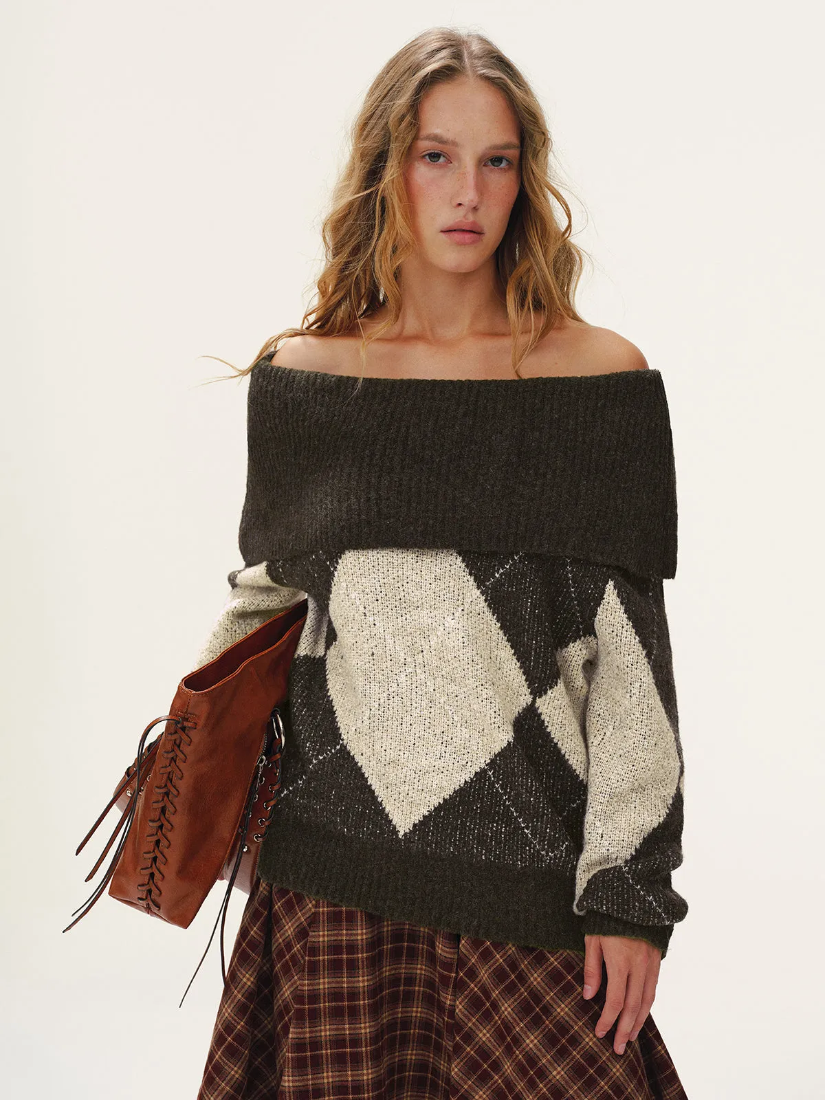 Argyle Pattern Off-Shoulder Sweater sold by COMMENSE product image thumbnail 4