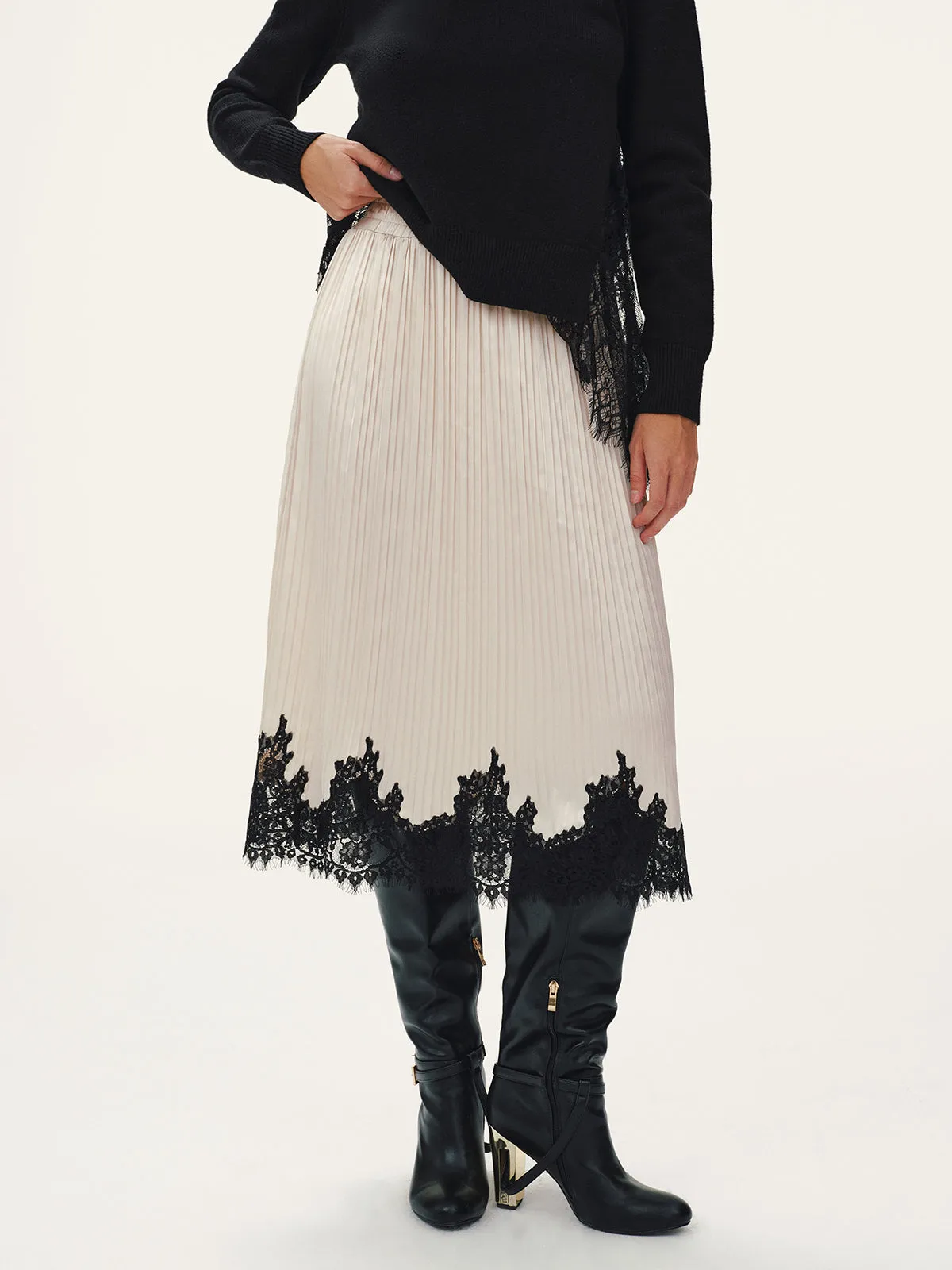 Lace Hem Pleated Midi Skirt sold by COMMENSE