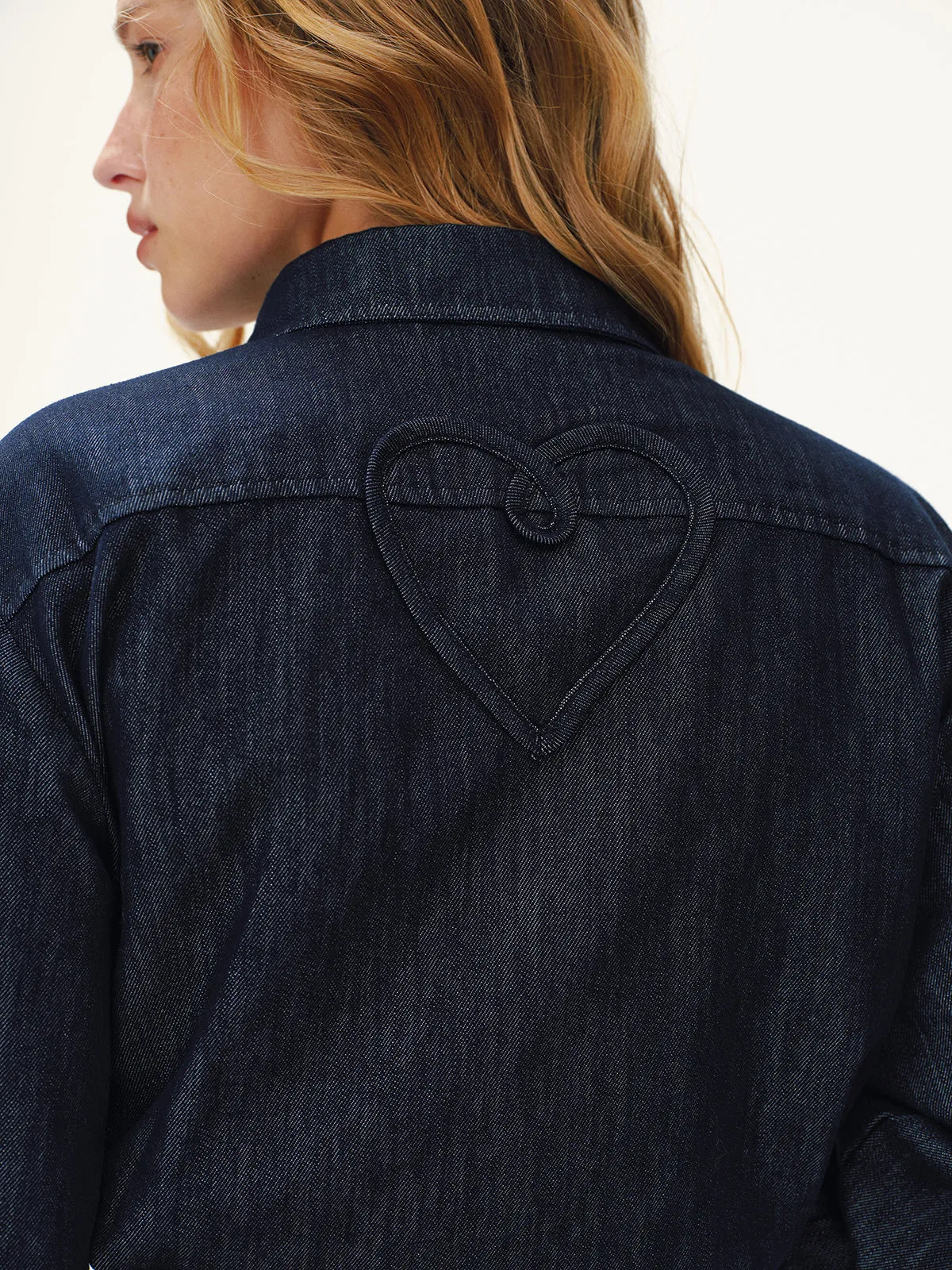 Heart-Back Contrast Cuff Denim Shirt sold by COMMENSE product image thumbnail 2