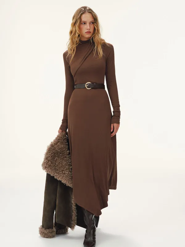 Belted Turtleneck Asymmetric Maxi Dress sold by COMMENSE