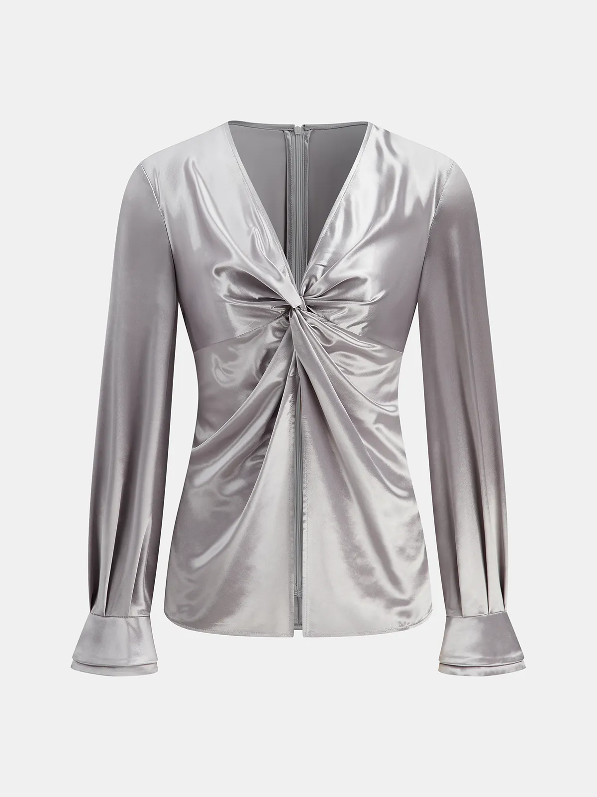 Long Sleeve V-Neck Knot Front Satin Blouse sold by COMMENSE product image thumbnail 2