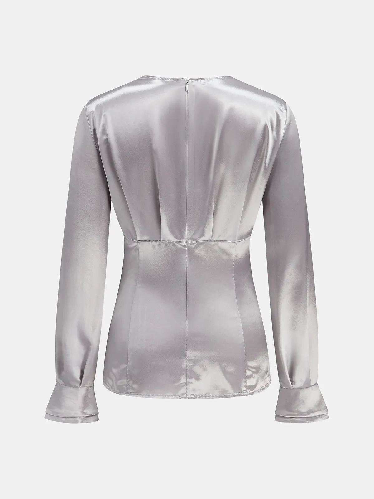 Long Sleeve V-Neck Knot Front Satin Blouse sold by COMMENSE product image thumbnail 3
