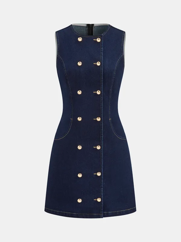 Double-Breasted Denim Sleeveless Mini Dress sold by COMMENSE