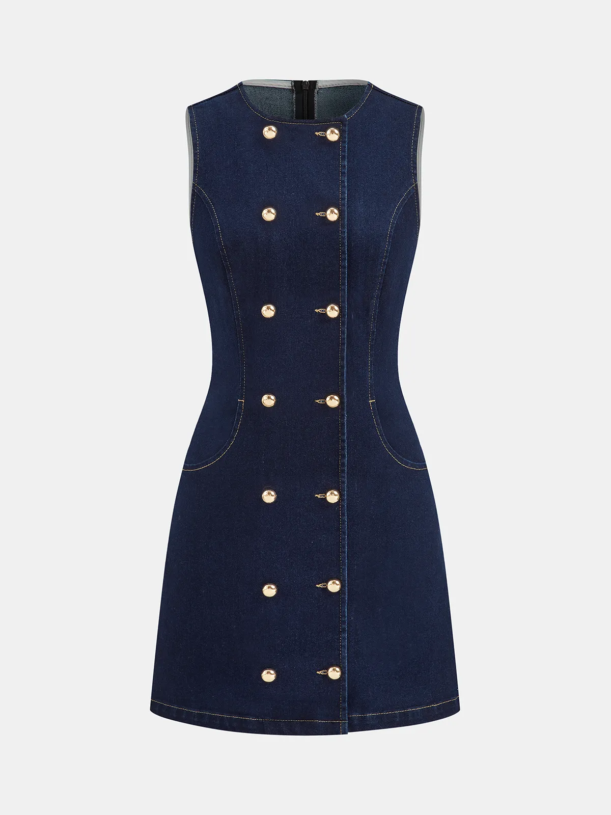 Double-Breasted Denim Sleeveless Mini Dress sold by COMMENSE
