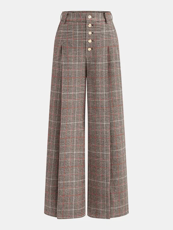 Mid-Waist Plaid Metal Button Pants sold by COMMENSE