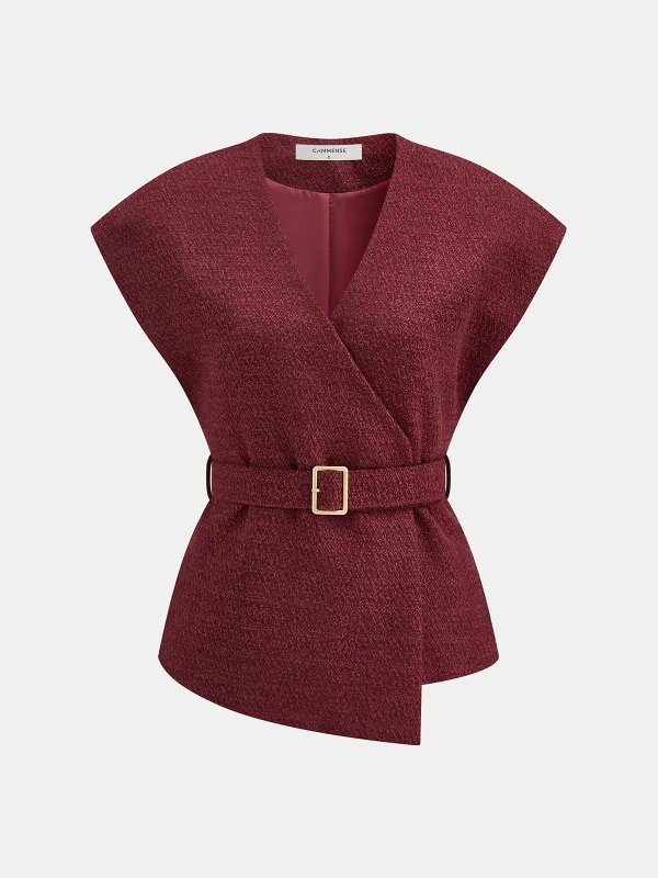 Belted Asymmetric Cap Sleeve V-Neck Vest sold by COMMENSE