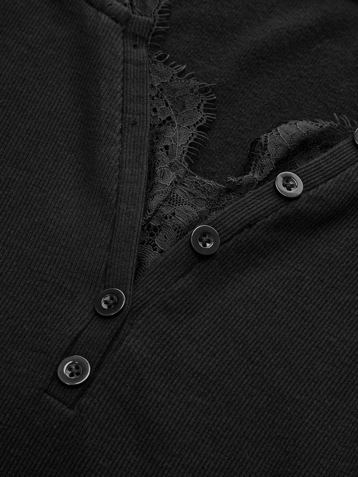 Lace V-Neck Button Ribbed Long Sleeve Top sold by COMMENSE product image thumbnail 4