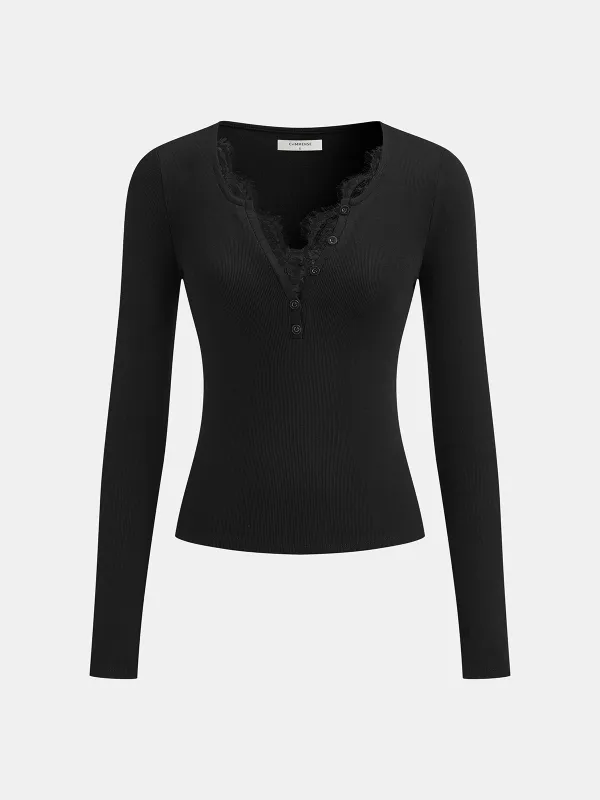 Lace V-Neck Button Ribbed Long Sleeve Top sold by COMMENSE
