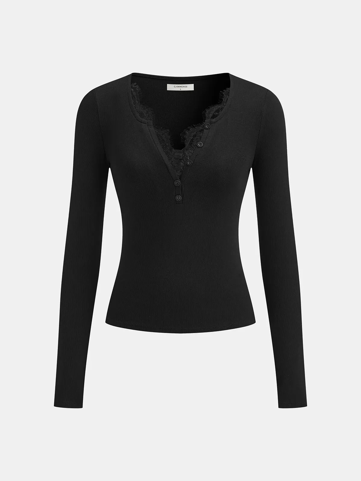 Lace V-Neck Button Ribbed Long Sleeve Top sold by COMMENSE