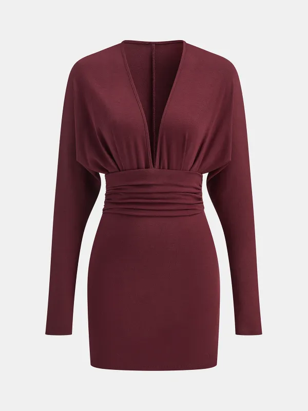 Deep V-Neck Ruched Long-Sleeve Mini Dress sold by COMMENSE
