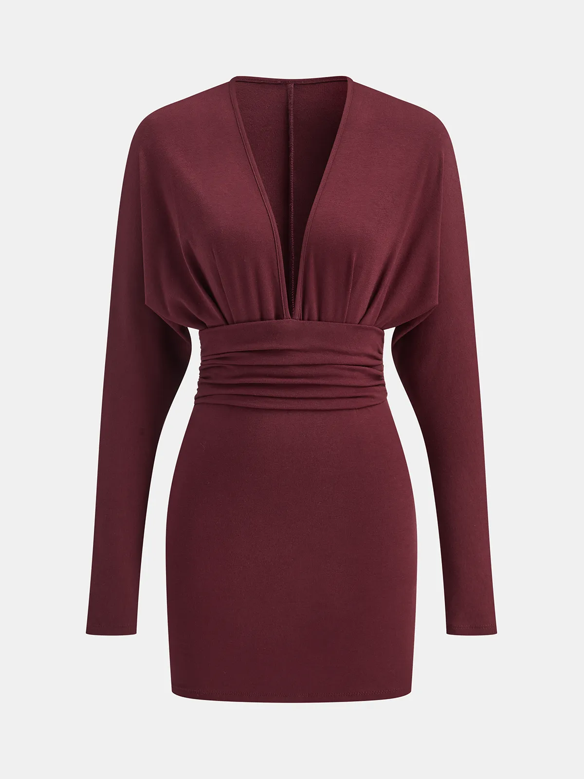 Deep V-Neck Ruched Long-Sleeve Mini Dress sold by COMMENSE