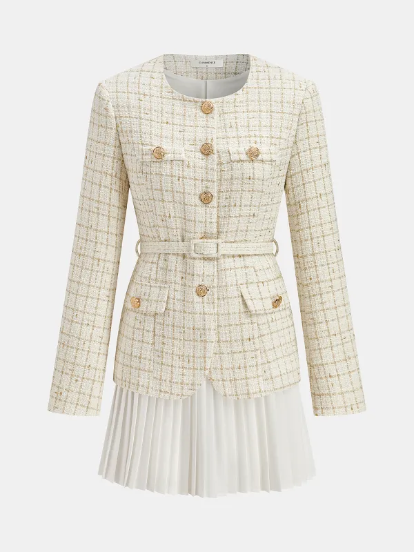 Belted Tweed Jacket and Pleated Mini Skirt Set sold by COMMENSE