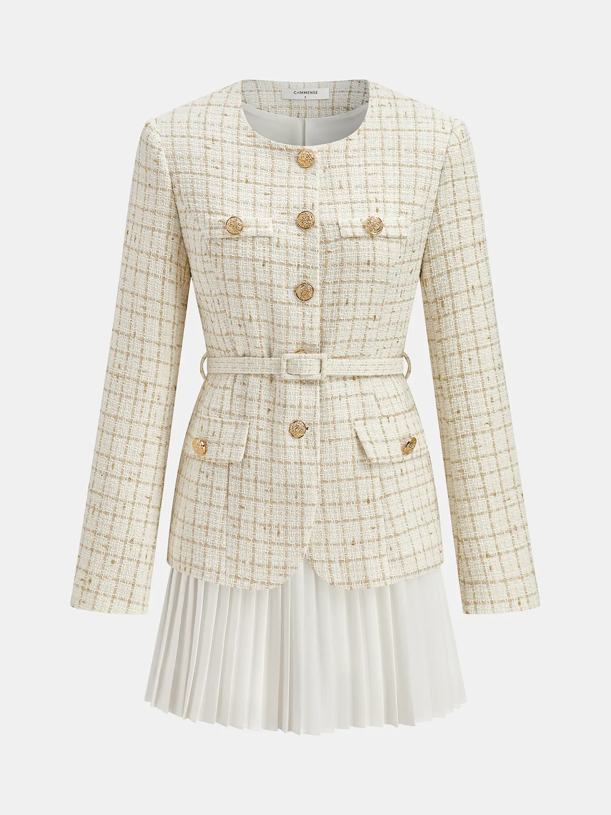 Belted Tweed Jacket and Pleated Mini Skirt Set sold by COMMENSE