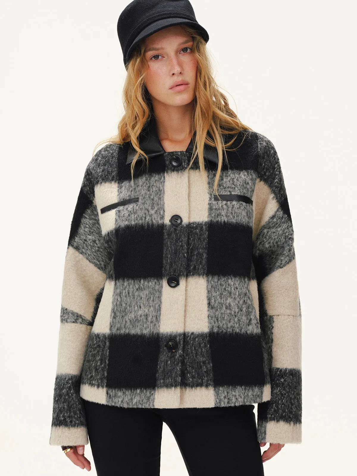 Faux Leather Collar Plaid Faux Cashmere Coat sold by COMMENSE product image thumbnail 3