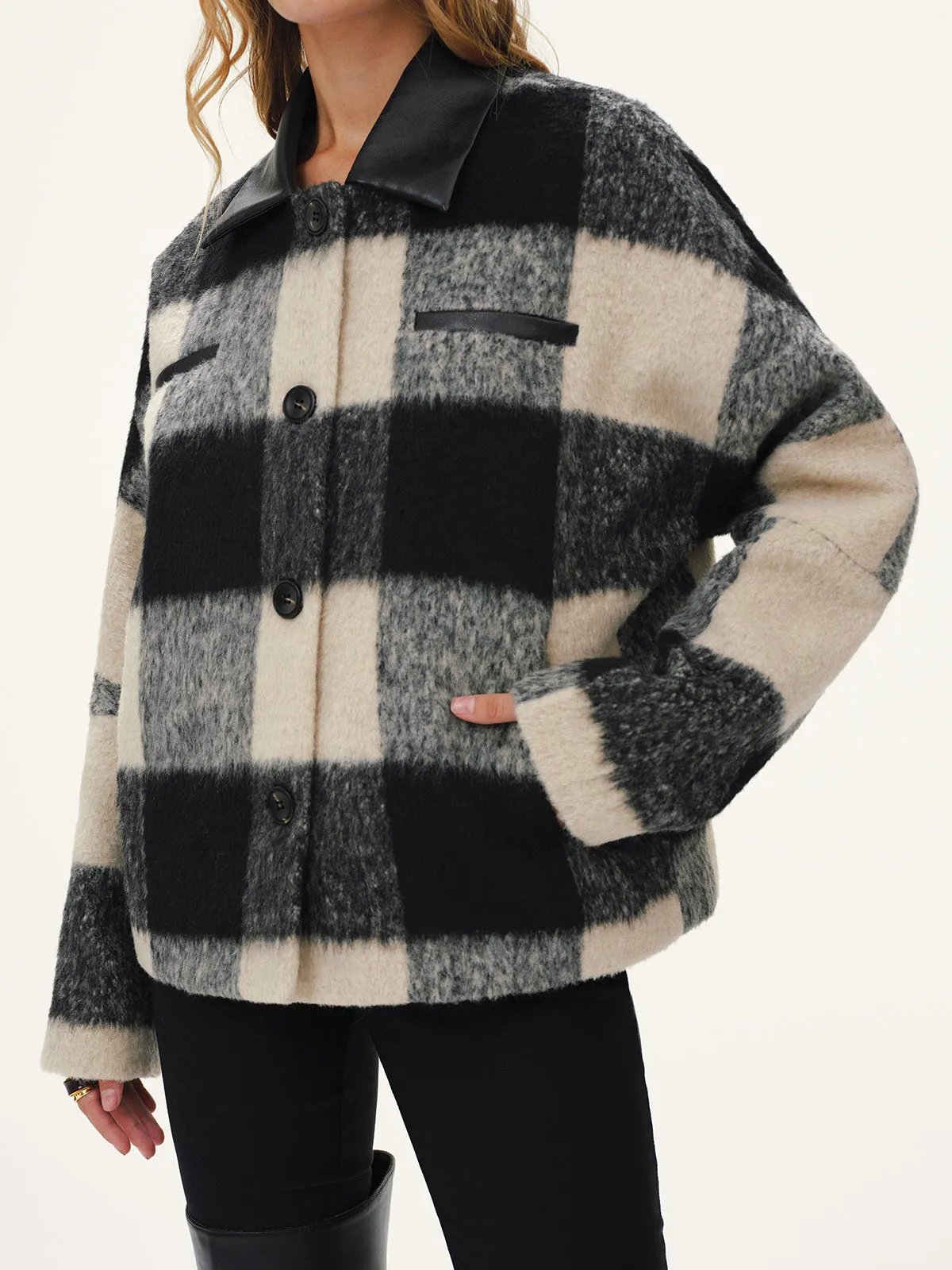 Faux Leather Collar Plaid Faux Cashmere Coat sold by COMMENSE product image thumbnail 4